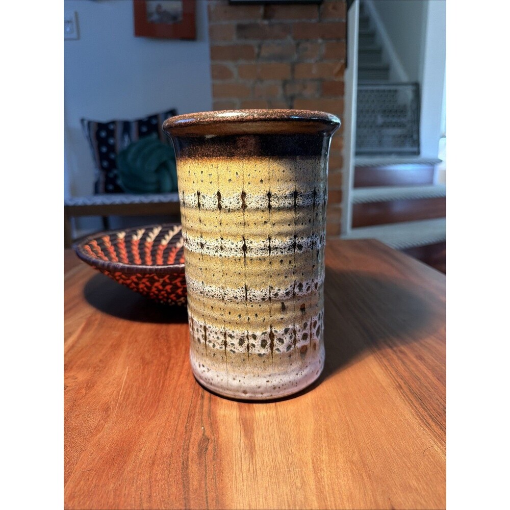 David Fernandez Seagrove Stoneware Striped Art Pottery Vase Utensil Holder-READ
